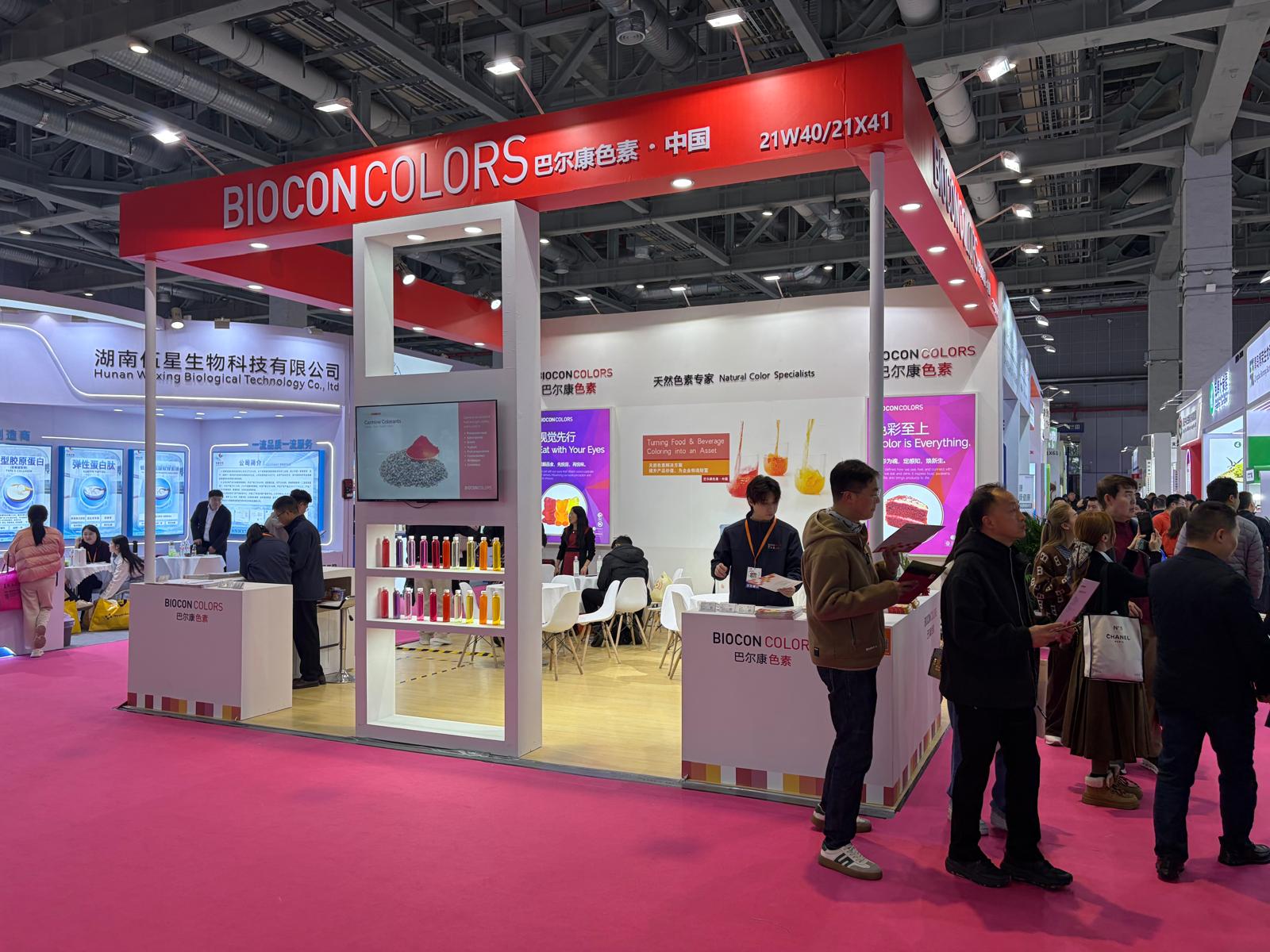 The professional BioconColors exhibition stand at a major food ingredients trade show in Shanghai 2026, showcasing innovative natural colorant solutions for the Asian market.