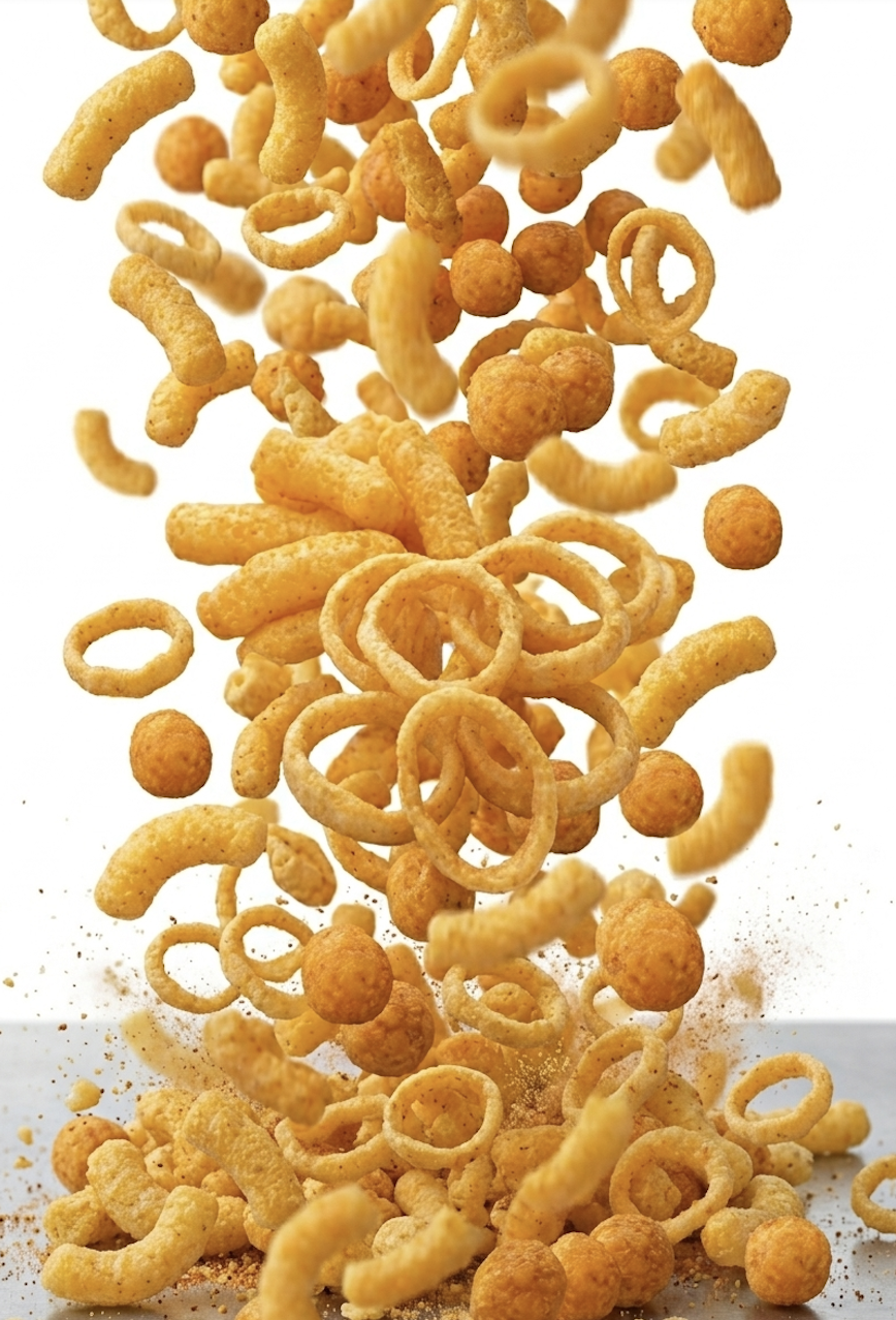 xtruded corn snacks with a vibrant orange-yellow seasoning, colored with BioconColors natural colorants like Annatto and Paprika.