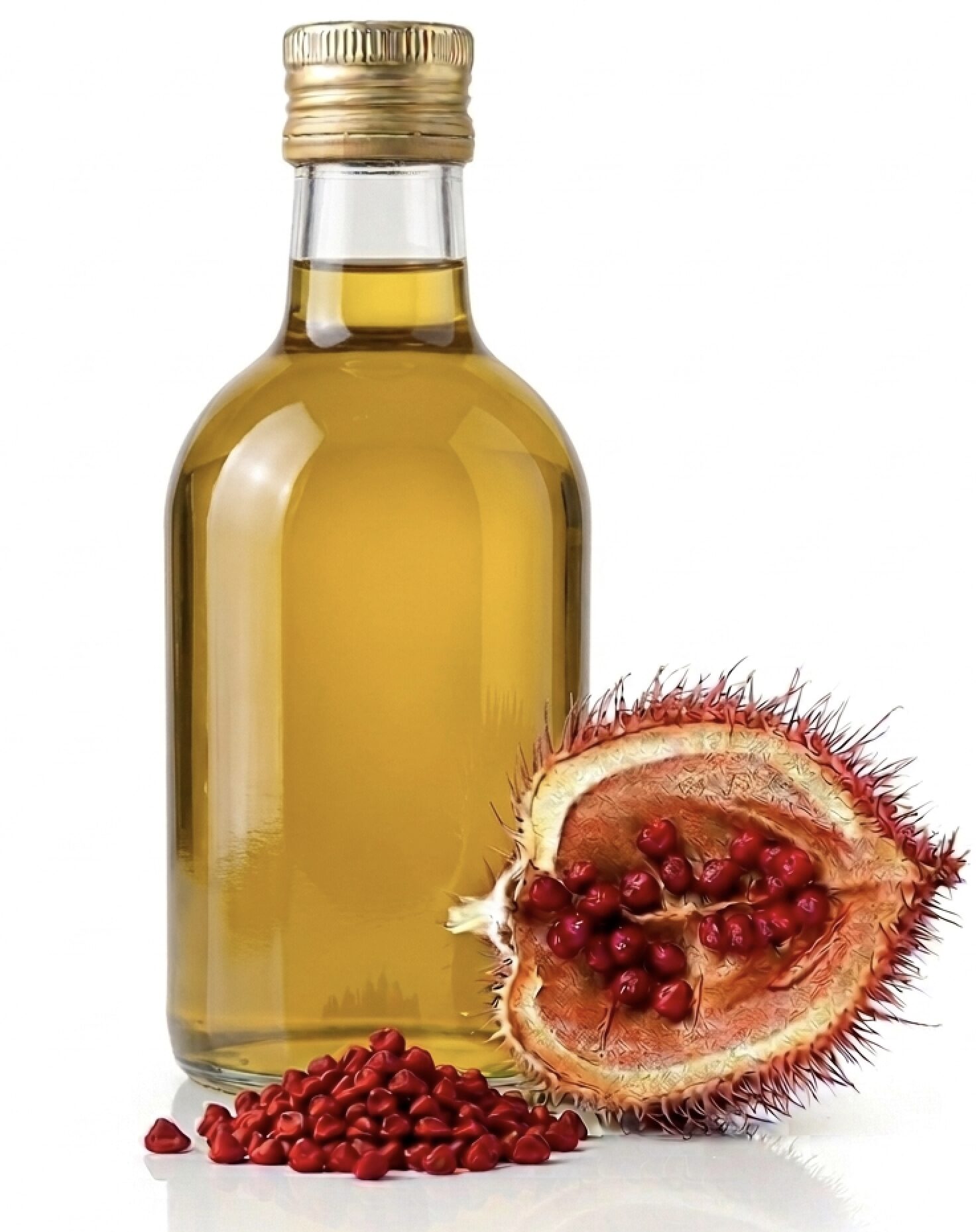 A glass bottle of clear oil infused with a golden-orange hue, positioned next to a small pile of natural Annatto seeds (Bixa orellana) at BioconColors.