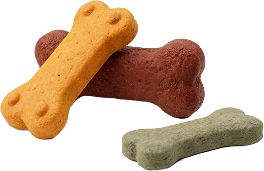 A variety of natural dog treats in earthy red, orange, and yellow tones, colored with BioconColors botanical extracts, showcasing clean-label solutions for the pet food industry.