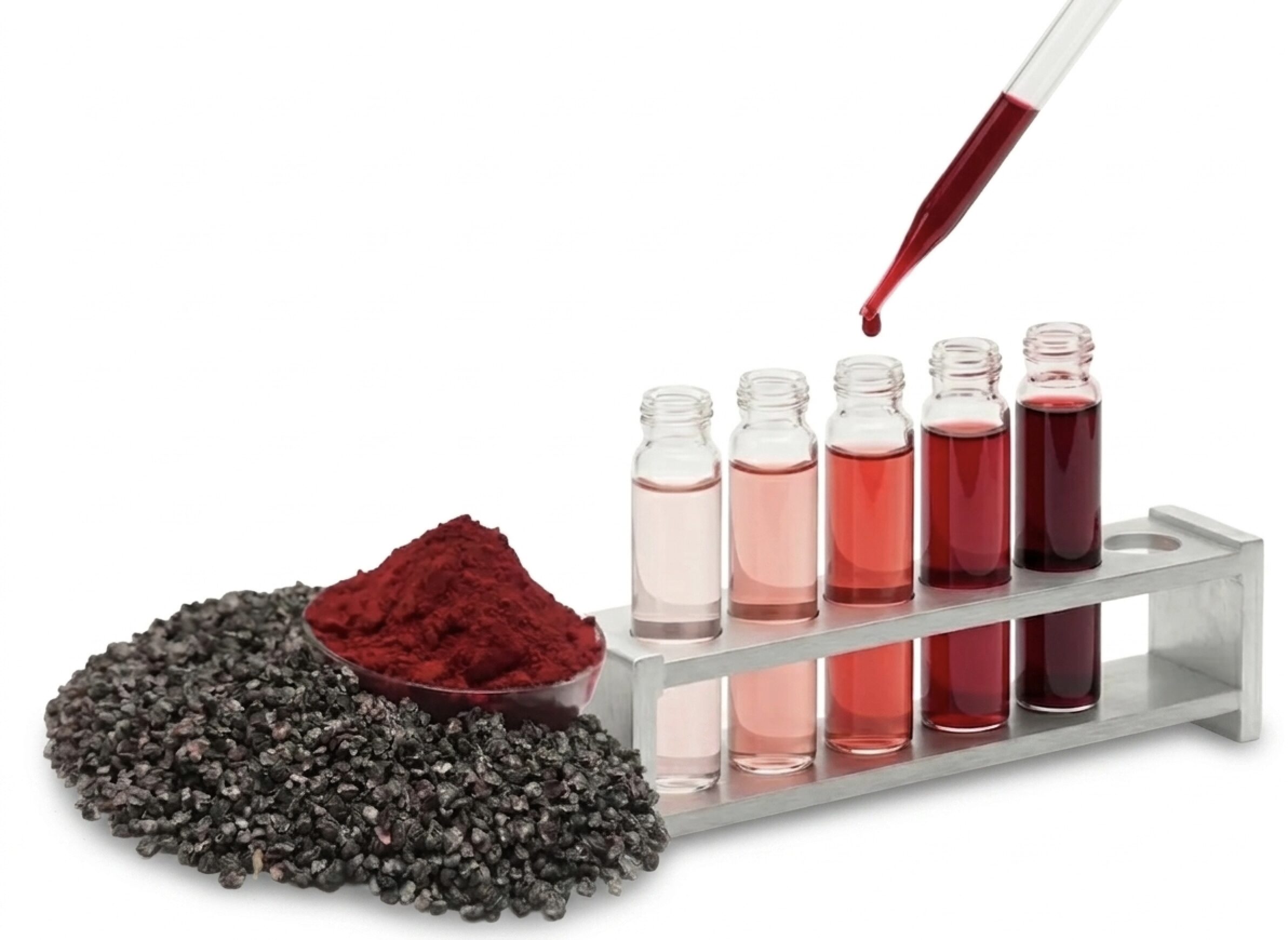 A close-up of a pipette dispensing a deep red Carmine liquid into a series of laboratory glass vials, positioned next to a jar of Carmine pigment powder at BioconColors.